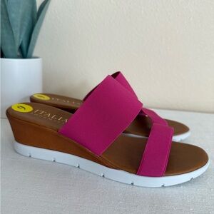 New Italian Shoemakers Fuchsia Stretch Strap Wedge Slide Sandals